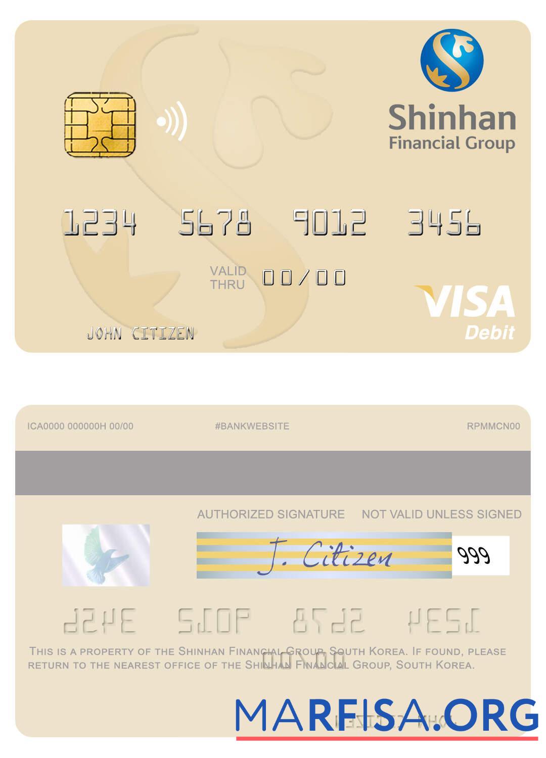 Blank South Korea Shinhan Financial Group visa debit card sample